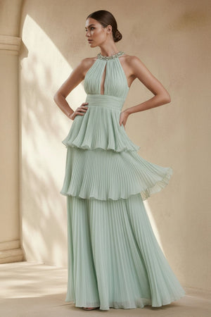 Halter Ruffled Gown With Beading in Mint Green - SHE IS ME