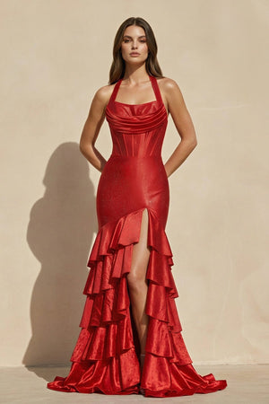 Halter Ruffled Gown With Beading in Red - SHE IS ME