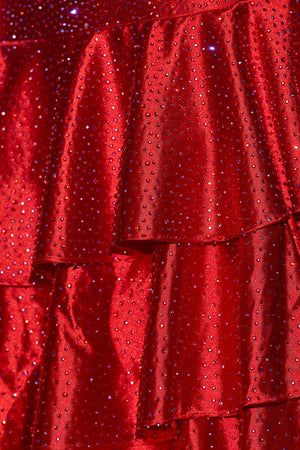 Halter Ruffled Gown With Beading in Red - SHE IS ME