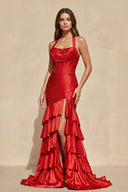 Halter Ruffled Gown With Beading in Red - SHE IS ME