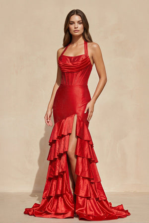 Halter Ruffled Gown With Beading in Red - SHE IS ME