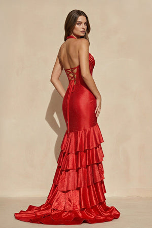 Halter Ruffled Gown With Beading in Red - SHE IS ME