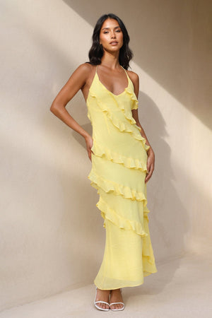 Halter Ruffled Maxi Dress in Yellow - SHE IS ME PROM DRESSES