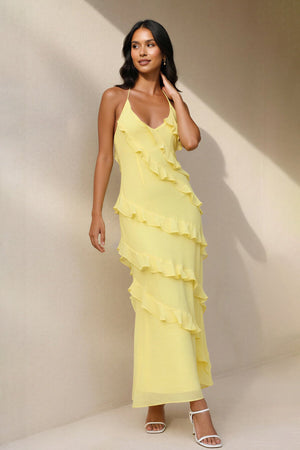 Halter Ruffled Maxi Dress in Yellow - SHE IS ME PROM DRESSES