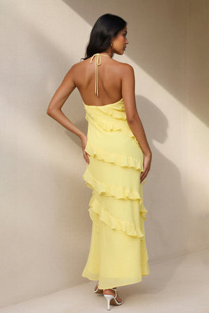 Halter Ruffled Maxi Dress in Yellow - SHE IS ME PROM DRESSES