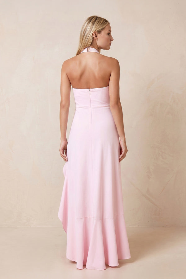 Halter Ruffled Sheath Maxi Dress with Slit in Pink – SHE IS ME Dresses