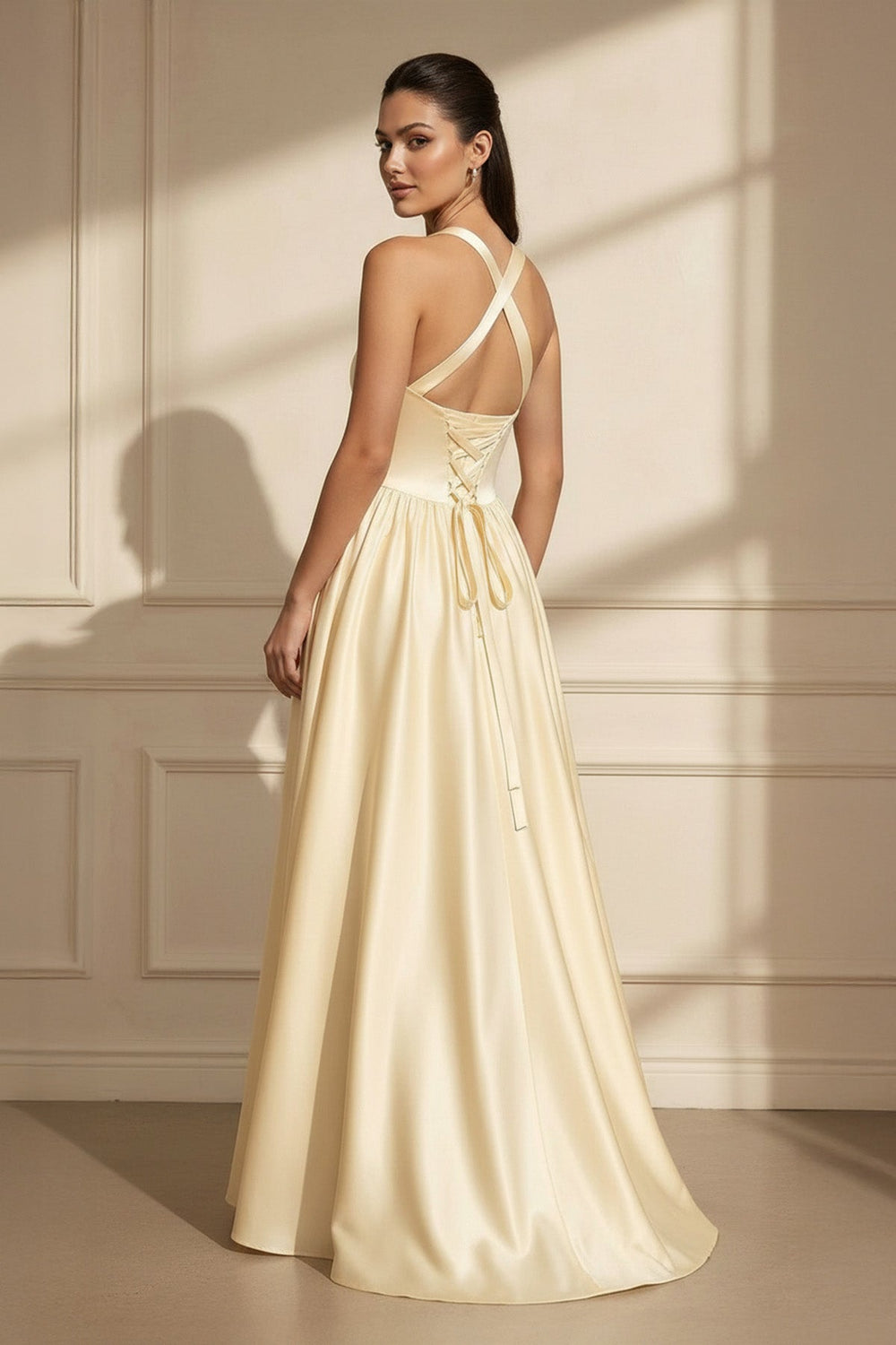 Halter Satin A - Line Maxi Dress in Yellow - SHE IS ME PROM DRESSES
