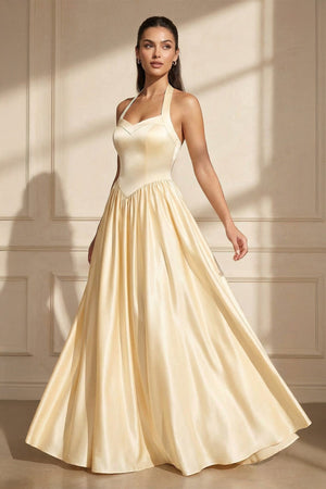 Halter Satin A - Line Maxi Dress in Yellow - SHE IS ME PROM DRESSES