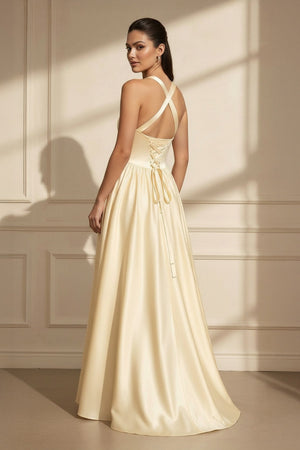 Halter Satin A - Line Maxi Dress in Yellow - SHE IS ME