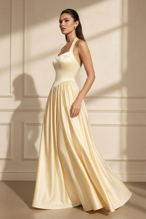 Halter Satin A - Line Maxi Dress in Yellow - SHE IS ME PROM DRESSES