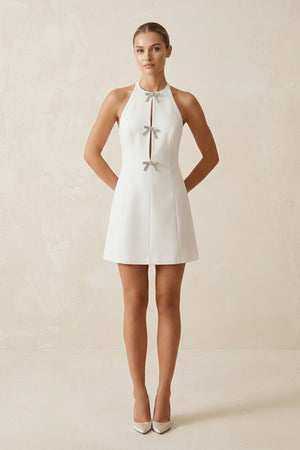 Halter Satin A - Line Mini Wedding Dress with Bow in White - SHE IS ME Wedding Dresses