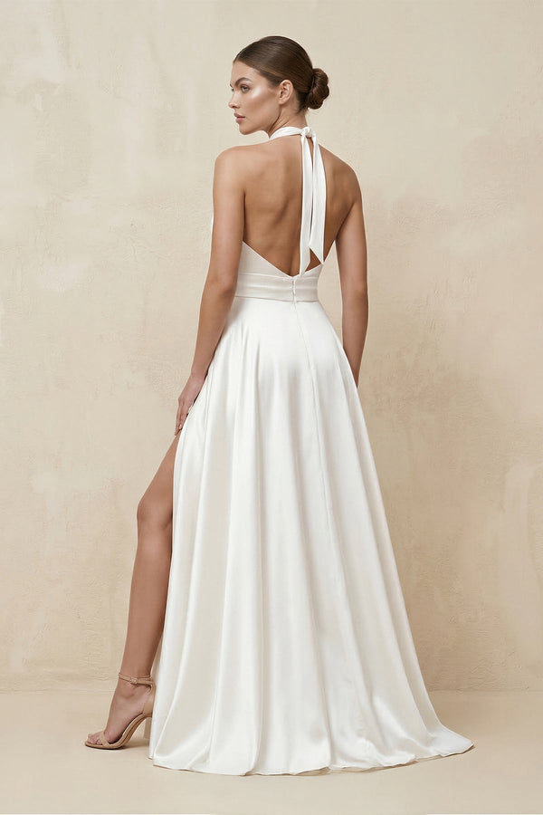 Halter Satin A - Line Wedding Dress With Slit in White - SHE IS ME Wedding Dresses