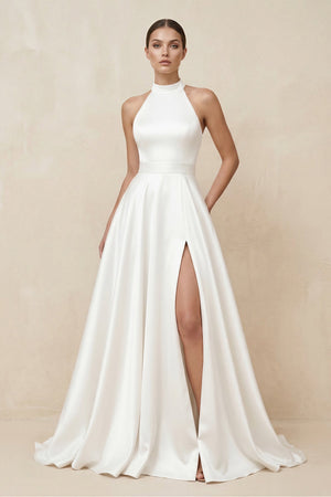 Halter Satin A - Line Wedding Dress With Slit in White - SHE IS ME Wedding Dresses