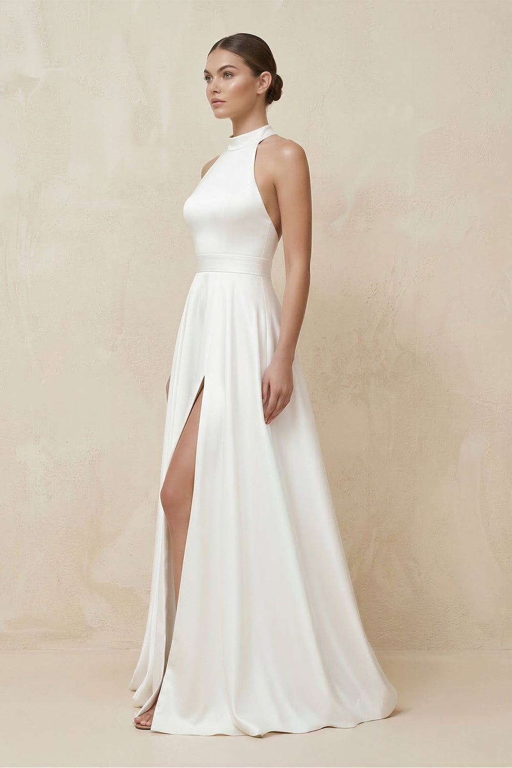 Halter Satin A - Line Wedding Dress With Slit in White - SHE IS ME Wedding Dresses