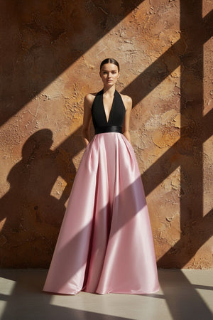 Halter Satin Gown in Black and Pink - SHE IS ME