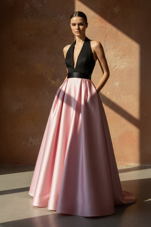 Halter Satin Gown in Black and Pink - SHE IS ME