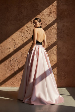 Halter Satin Gown in Black and Pink - SHE IS ME