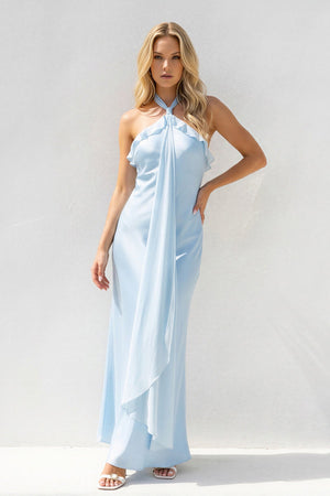 Halter Satin Maxi Dress With Ruffles in Sky Blue - SHE IS ME