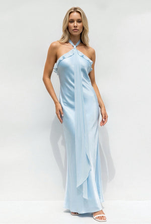 Halter Satin Maxi Dress With Ruffles in Sky Blue - SHE IS ME Prom Dresses