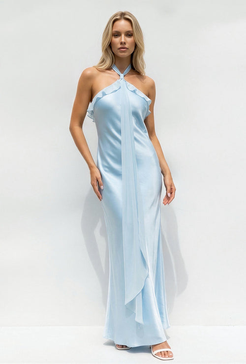Halter Satin Maxi Dress With Ruffles in Sky Blue - SHE IS ME Prom Dresses