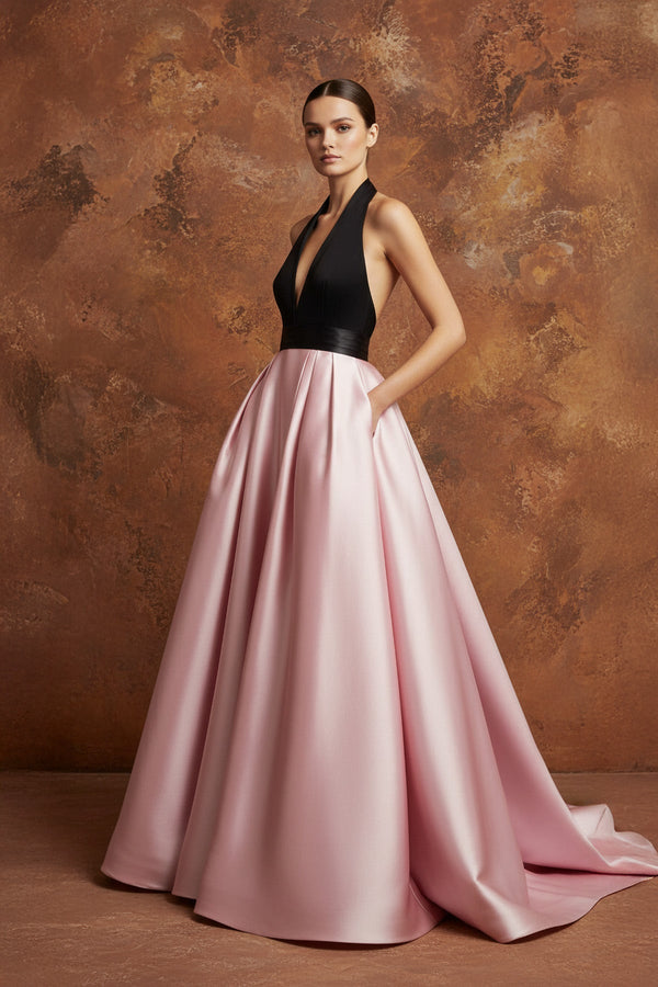 Halter Satin Prom Gown in Black and Pink - SHE IS ME PROM DRESSES