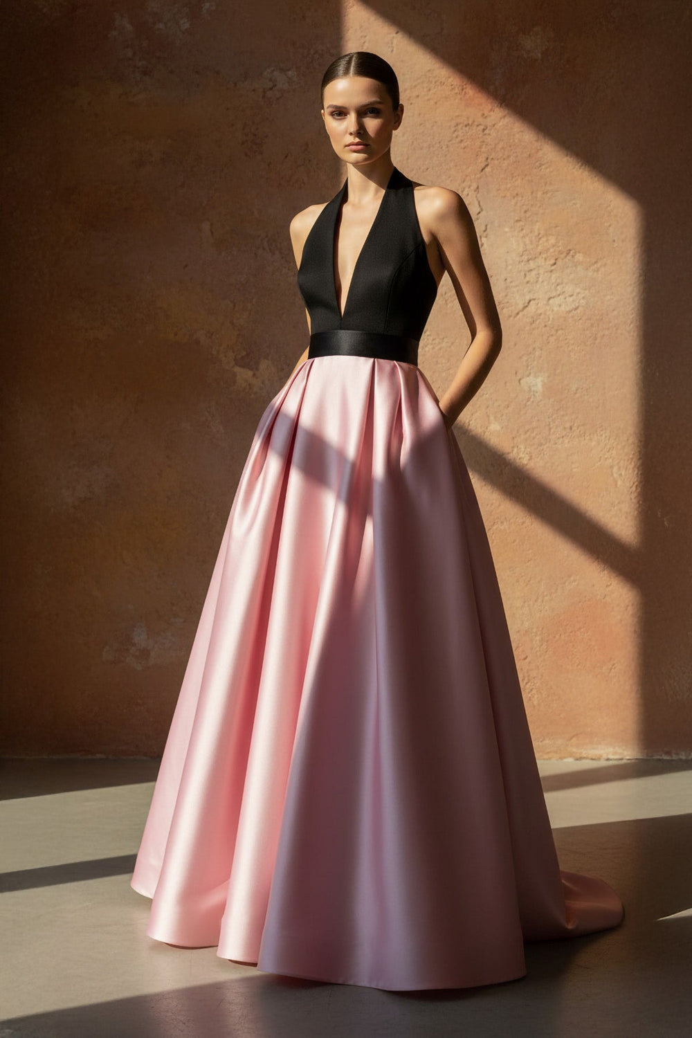Halter Satin Prom Gown in Black and Pink - SHE IS ME PROM DRESSES