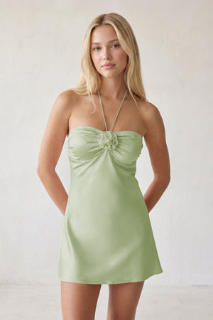 Sage Green Halter Satin Sheath 3D Flower Homecoming Dress | SHEISME