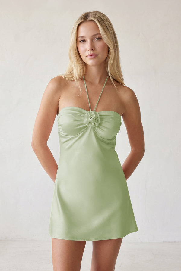 Sage Green Halter Satin Sheath 3D Flower Homecoming Dress | SHEISME