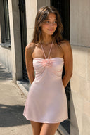 Pink Halter Satin Sheath 3D Flower Homecoming Dress - SHEISME