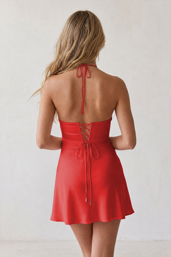 Red Halter Satin Sheath 3D Flower Homecoming Dress | SHEISME