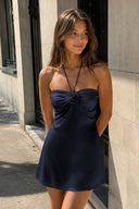 Navy Blue Halter Satin Sheath 3D Flower Homecoming Dress | SHEISME
