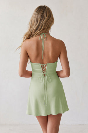Sage Green Halter Satin Sheath 3D Flower Homecoming Dress | SHEISME
