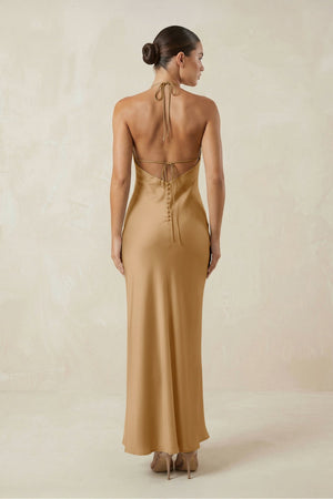 Halter Satin Sheath Midi Bridesmaid Dress in Bronzer - SHE IS ME Bridesmaid Dresses