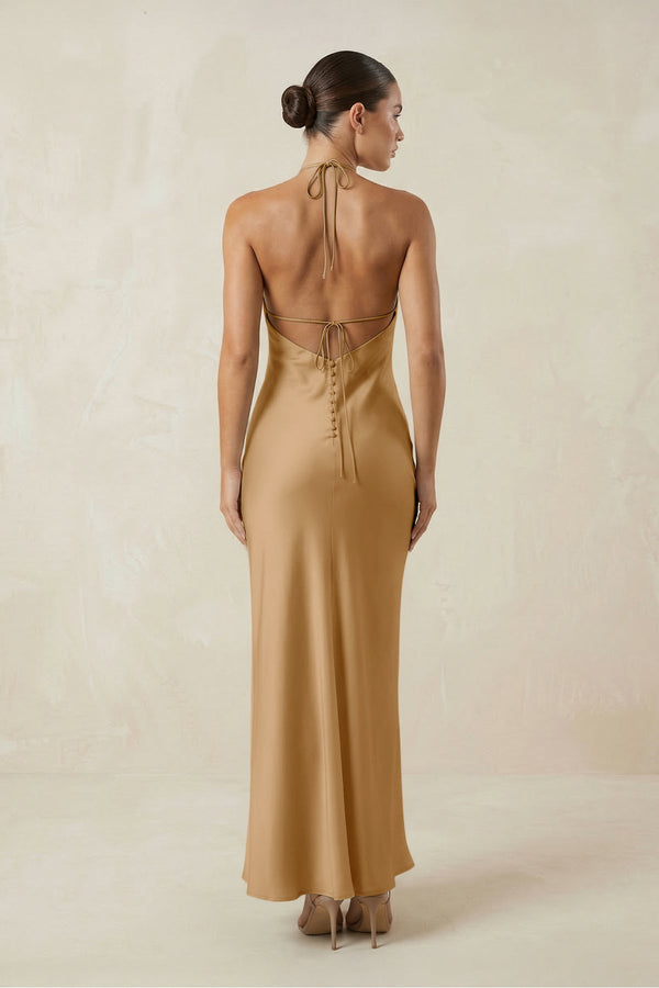 Halter Satin Sheath Midi Bridesmaid Dress in Bronzer - SHE IS ME Bridesmaid Dresses