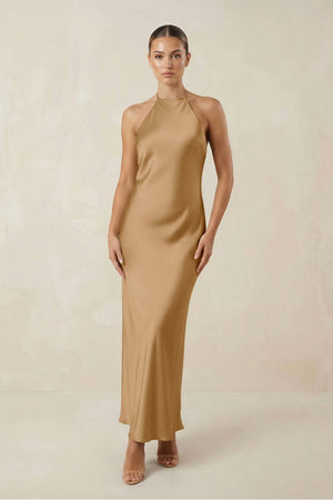Halter Satin Sheath Midi Bridesmaid Dress in Bronzer - SHE IS ME Bridesmaid Dresses