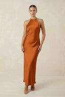 Halter Satin Sheath Midi Bridesmaid Dress in Cinnamon - SHE IS ME Bridesmaid Dresses