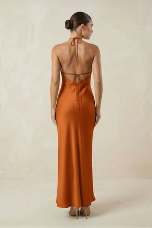 Halter Satin Sheath Midi Bridesmaid Dress in Cinnamon - SHE IS ME Bridesmaid Dresses