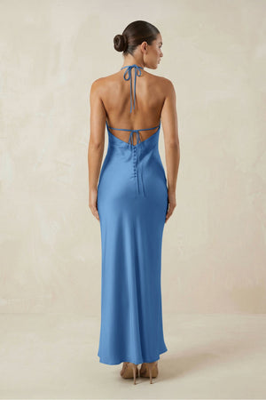 Halter Satin Sheath Midi Bridesmaid Dress in Dusty Blue - SHE IS ME Bridesmaid Dresses