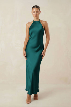 Halter Satin Sheath Midi Bridesmaid Dress in Emerald - SHE IS ME Bridesmaid Dresses
