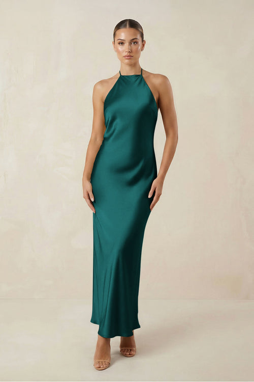 Halter Satin Sheath Midi Bridesmaid Dress in Emerald - SHE IS ME Bridesmaid Dresses