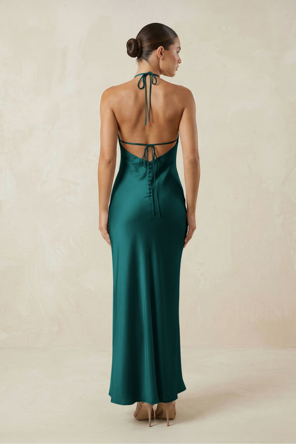 Halter Satin Sheath Midi Bridesmaid Dress in Emerald - SHE IS ME Bridesmaid Dresses
