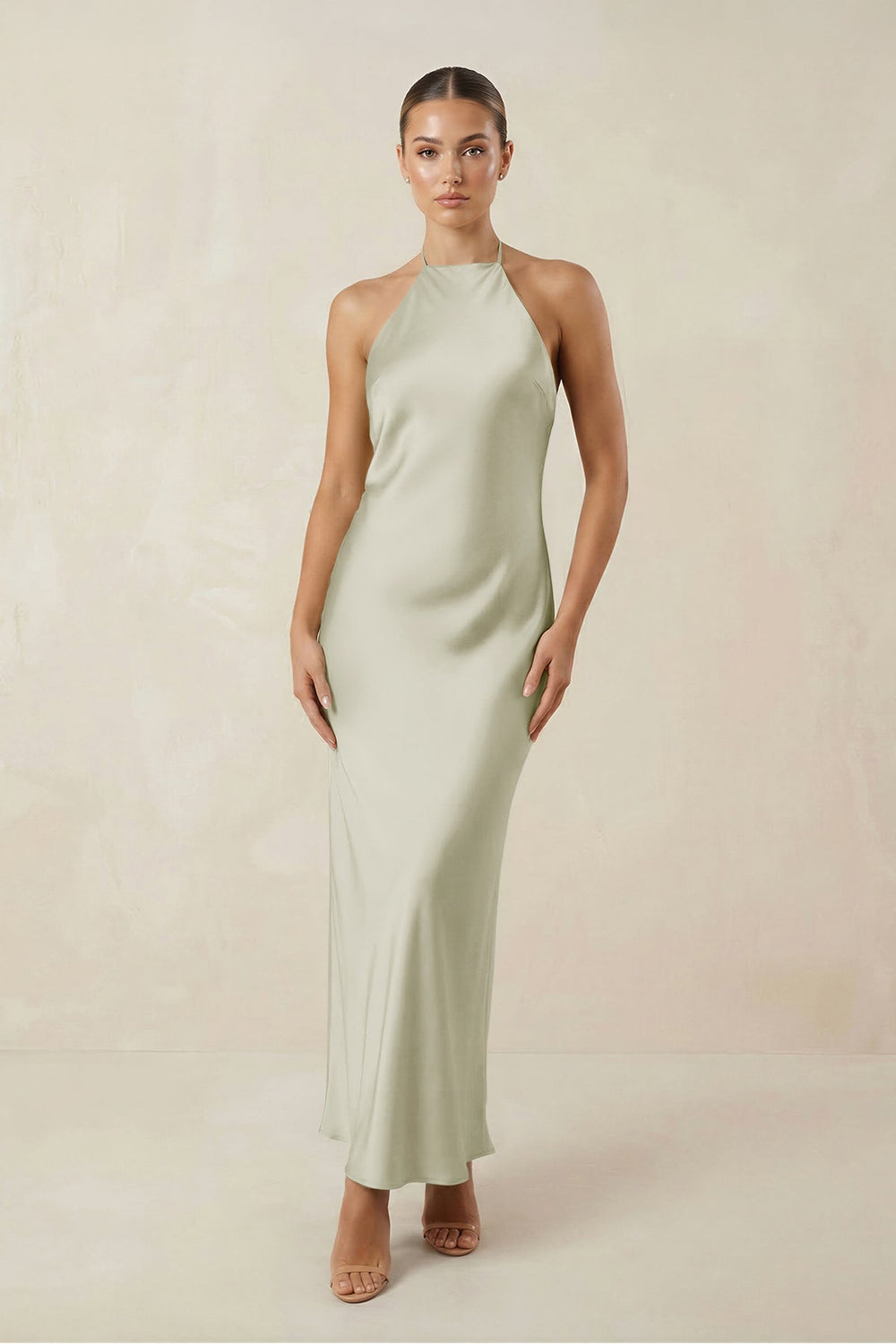 Halter Satin Sheath Midi Bridesmaid Dress in Frost - SHE IS ME Bridesmaid Dresses