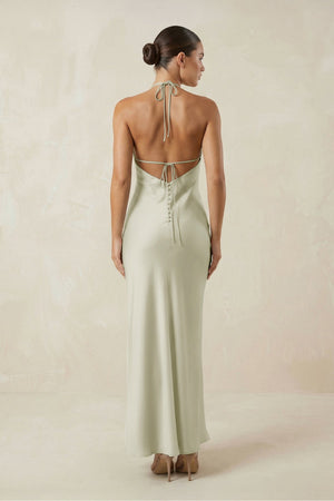 Halter Satin Sheath Midi Bridesmaid Dress in Frost - SHE IS ME Bridesmaid Dresses