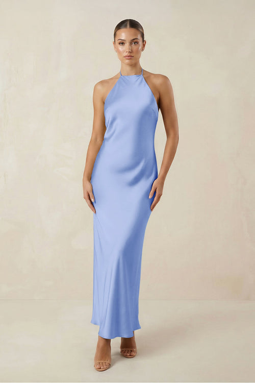 Halter Satin Sheath Midi Bridesmaid Dress in Ice - SHE IS ME Bridesmaid Dresses
