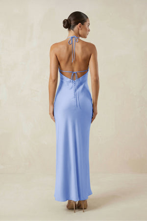 Halter Satin Sheath Midi Bridesmaid Dress in Ice - SHE IS ME Bridesmaid Dresses