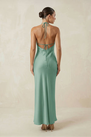 Halter Satin Sheath Midi Bridesmaid Dress in Mint Green - SHE IS ME Bridesmaid Dresses