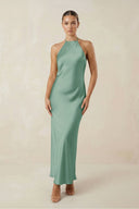 Halter Satin Sheath Midi Bridesmaid Dress in Mint Green - SHE IS ME Bridesmaid Dresses