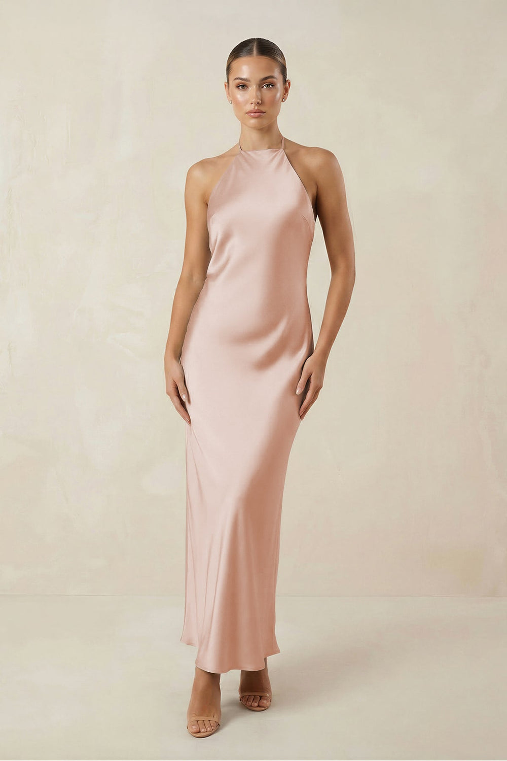 Halter Satin Sheath Midi Bridesmaid Dress in Pale Blush - SHE IS ME Bridesmaid Dresses