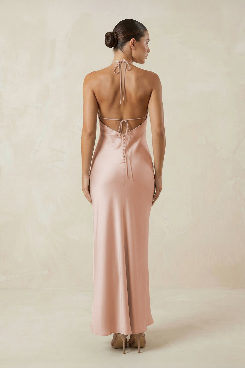 Halter Satin Sheath Midi Bridesmaid Dress in Pale Blush - SHE IS ME Bridesmaid Dresses
