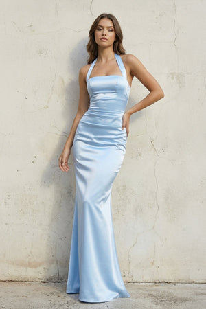 Halter Satin Sheath Ruched Long Prom Dress in Sky Blue - SHE IS ME Prom Dresses